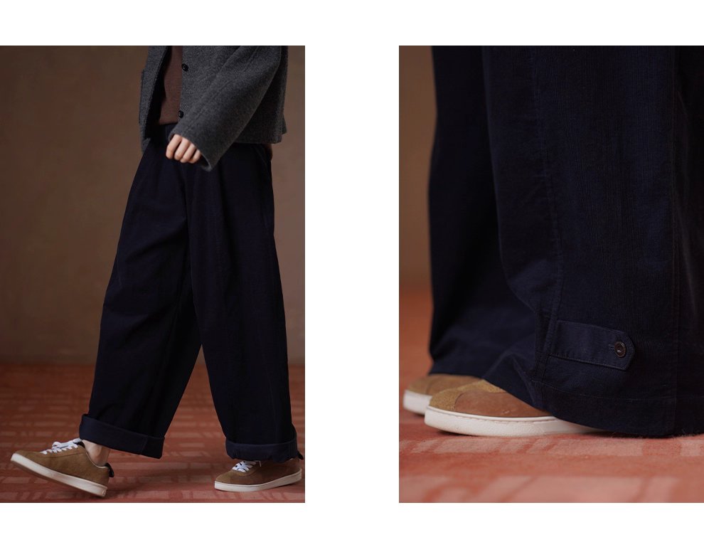 復古柔光細條100棉燈芯絨顯瘦高腰可調式腳口寬鬆長褲女