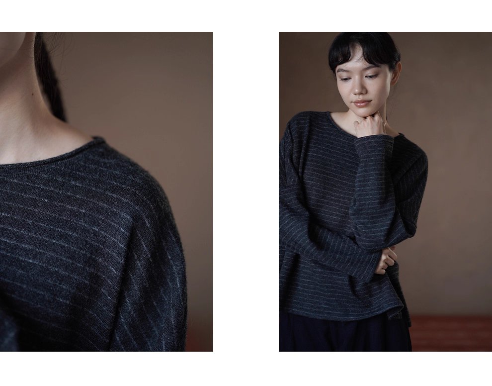 圖紙黑灰白條紋長袖軟糯羊毛混紡基礎寬鬆落肩顯瘦T恤女