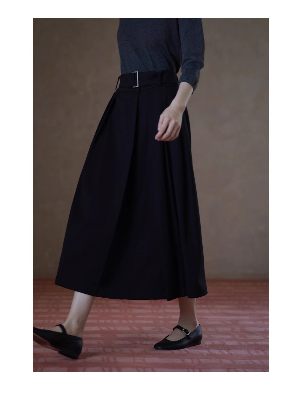 簡約法式高腰中長A字顯瘦通勤不挑人百褶腰帶半身裙女