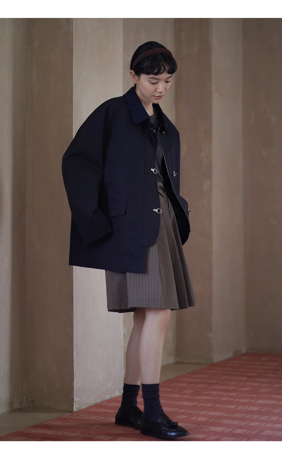 走讀生復古外套小眾飛機扣設計中長款拼接麂皮領口風衣