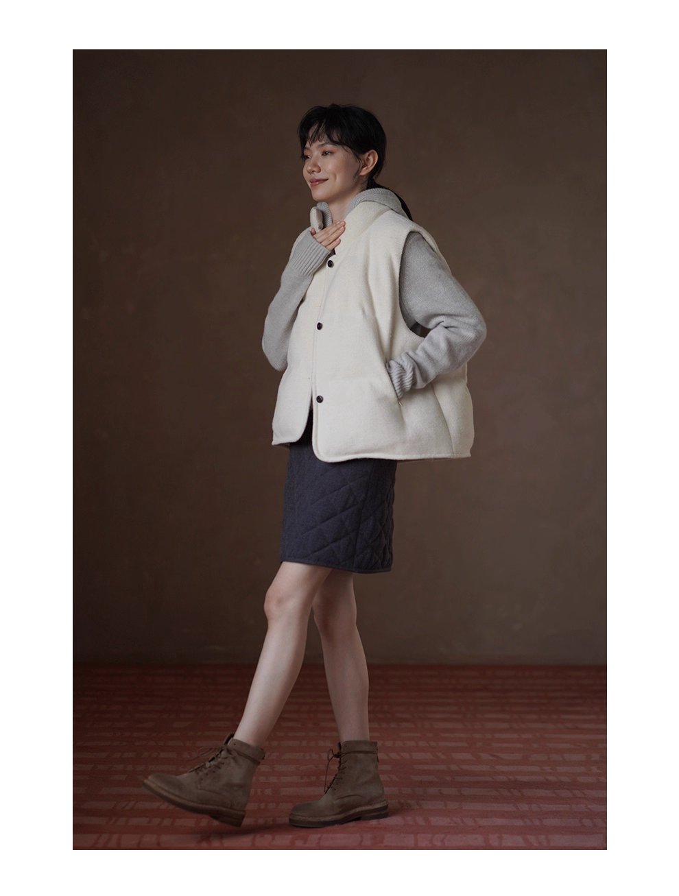 小奶糕自然肌理感綿羊毛混紡寬鬆疊穿簡約立領棉服馬甲