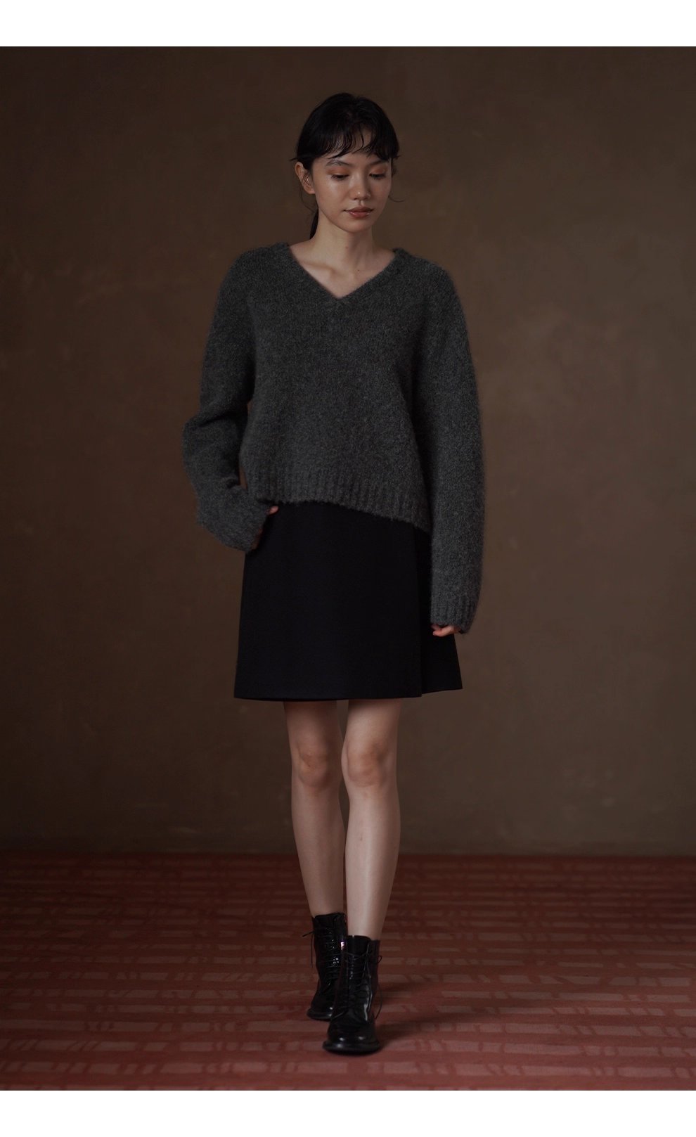 溫柔蓬鬆雜花灰毛衣馬海毛綿羊毛混紡寬鬆V領落肩上衣女