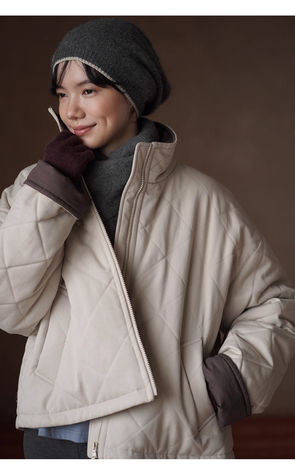 從容冬日保暖棉服立領廓形菱格絎線夾棉撞色顯瘦外套女