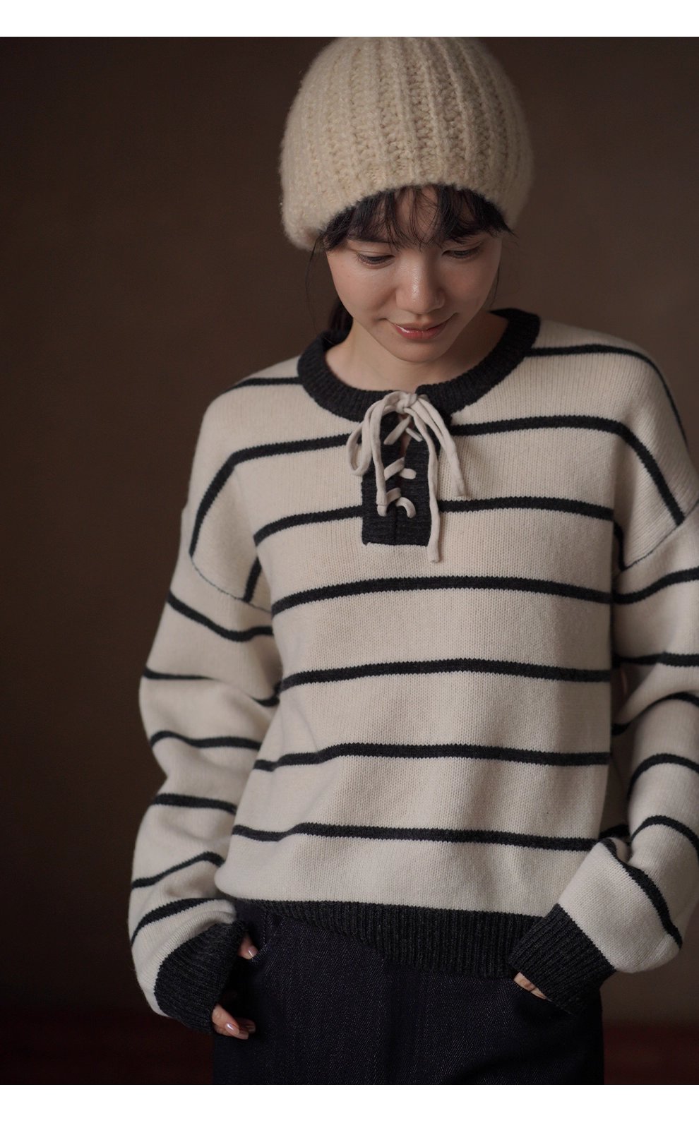 復古水手條紋上衣軟糯100羊毛綁帶門襟設計寬鬆顯瘦毛衣