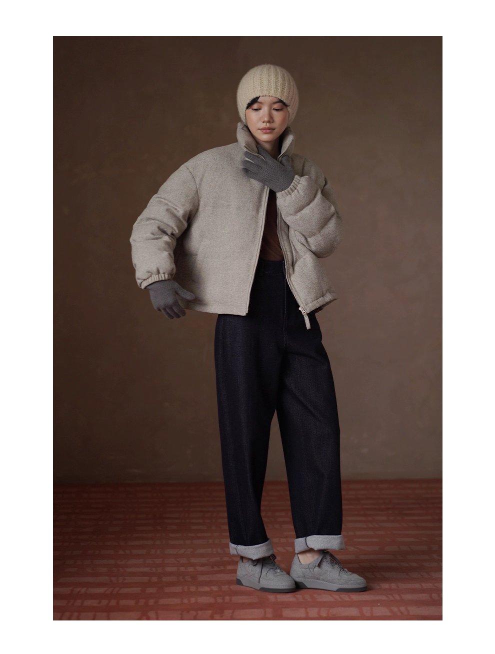 冬日盧森堡保暖外套羊毛夾花人字紋加厚短款休閒棉服女