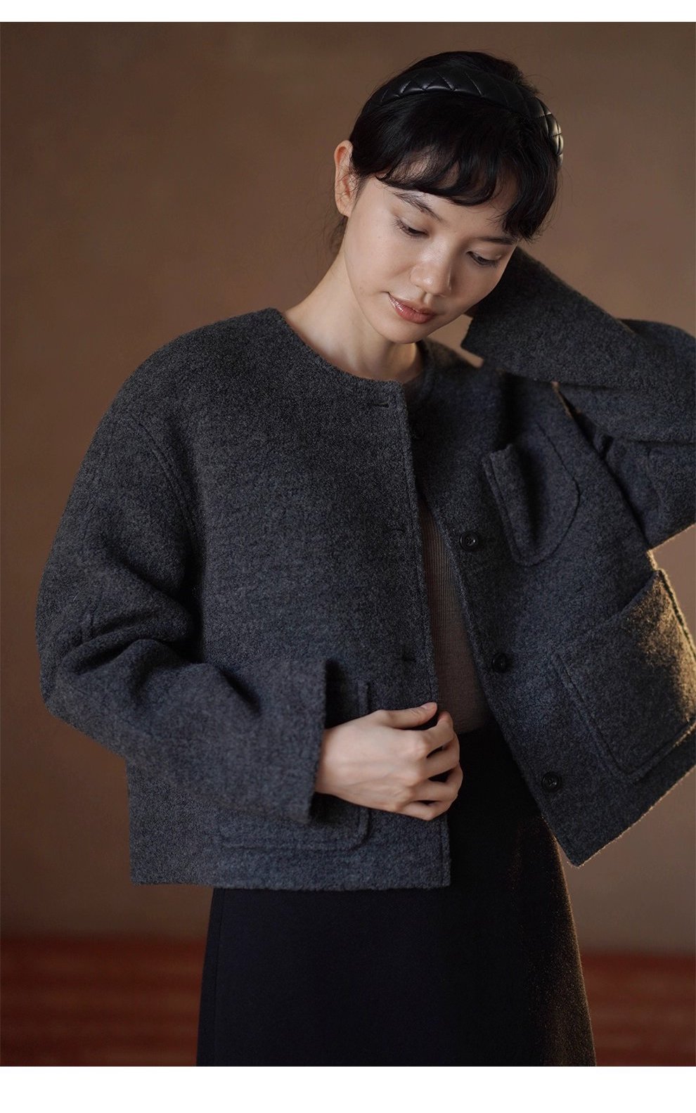 高克重高比例羊毛立絨毛呢外套短款圓領通勤顯瘦大衣女,高克重高比例羊毛立絨毛呢外套短款圓領通勤顯瘦大衣女,HBEW5097,高克重高比例羊毛立絨毛呢外套短款圓領通勤顯瘦大衣女,圓領排扣,羊毛混紡