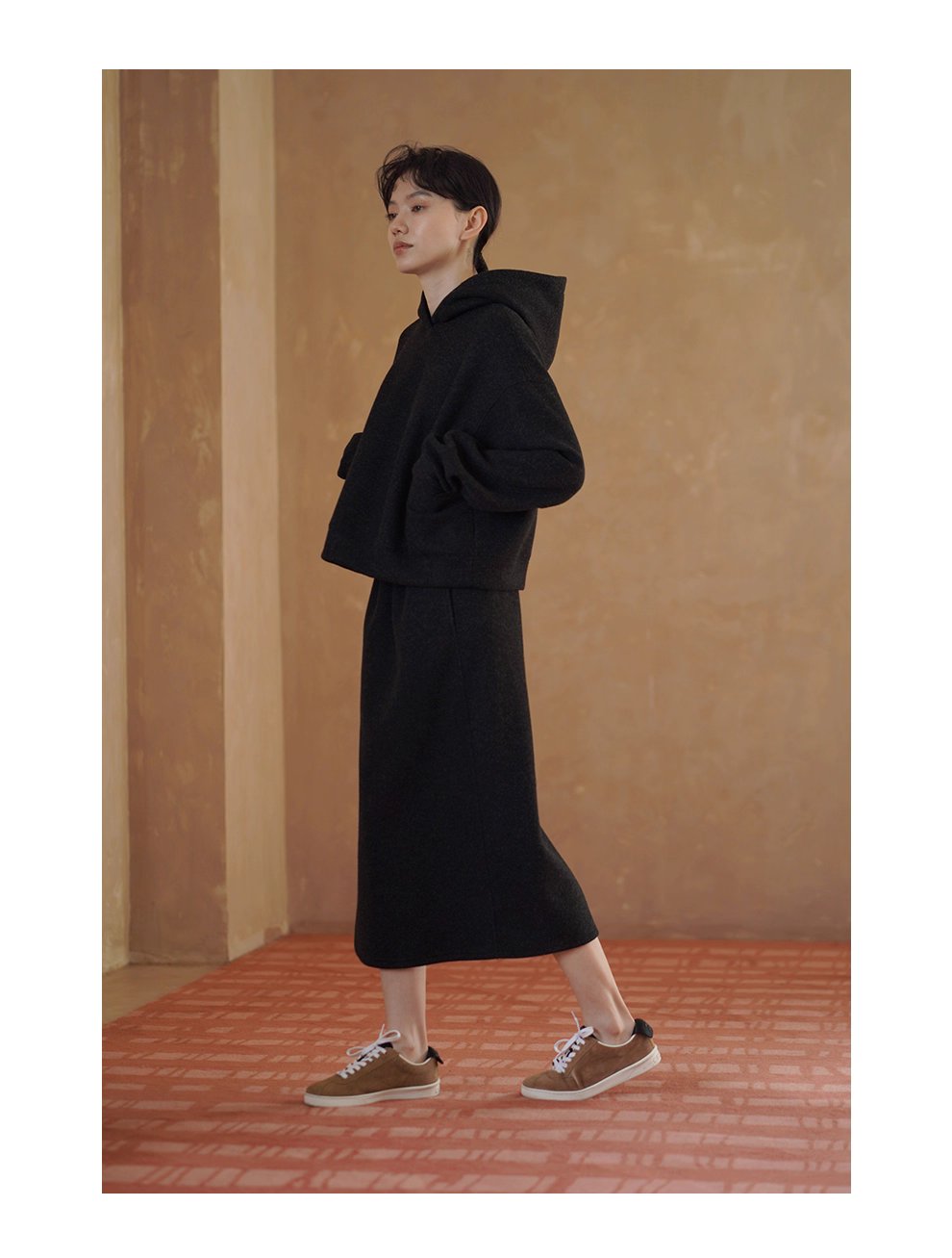 懶人時髦感加厚毛呢感連帽衛衣高腰半身裙顯瘦百搭套裝