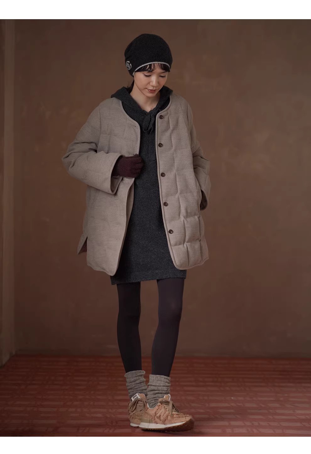 柔軟蓬鬆水洗拉毛工藝羊毛混紡連帽寬鬆顯瘦針織洋裝