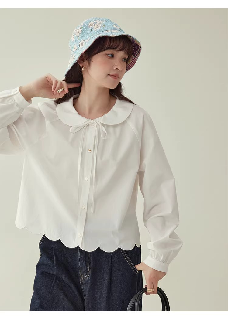 少女感蕾絲娃娃領襯衫女25冬季新款白色長袖上衣,HBEW1142,少女感蕾絲娃娃領襯衫女25冬季新款白色長袖上衣,娃娃領,花瓣衣襬,細節滿分