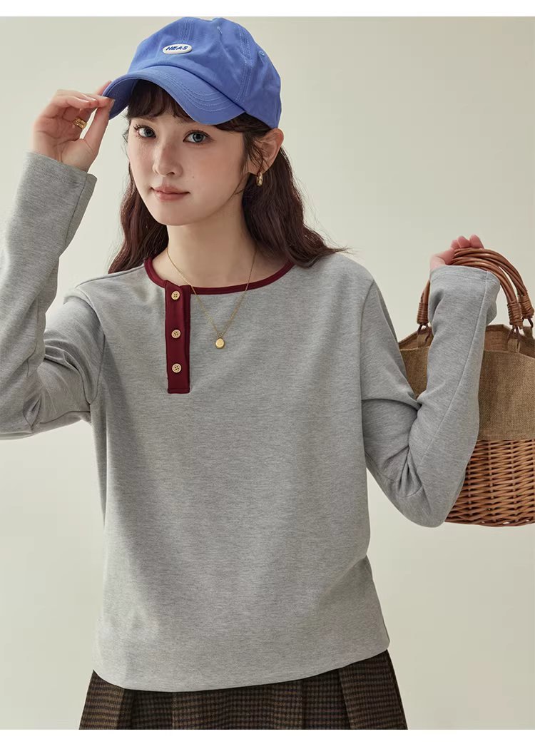 撞色斜領內搭長袖T恤女25冬季新款簡約寬鬆上衣,撞色斜領內搭長袖T恤女25冬季新款簡約寬鬆上衣,HBEW1145,撞色斜領內搭長袖T恤女25冬季新款簡約寬鬆上衣,側排扣,舒適面料