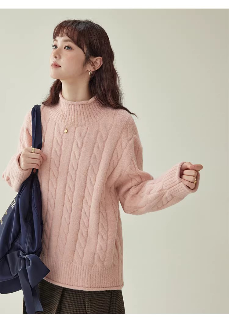 減齡粉紅高領麻花毛衣女25冬季新款捲邊長袖上衣,減齡粉紅高領麻花毛衣女25冬季新款捲邊長袖上衣,HBEW1146,減齡粉紅高領麻花毛衣女25冬季新款捲邊長袖上衣,高領毛衣,麻花針織