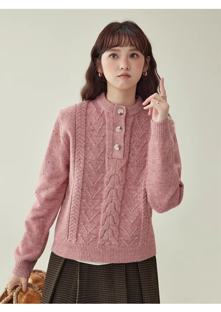 半開領麻花羊毛毛衣女冬季新款甜美彩點長袖上衣,半開領麻花羊毛毛衣女冬季新款甜美彩點長袖上衣,HBEW5106,半開領麻花羊毛毛衣女冬季新款甜美彩點長袖上衣,半開排扣,麻花針織