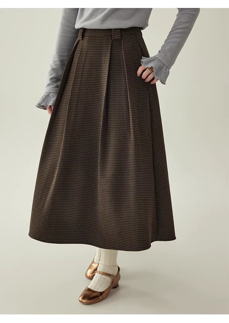 復古壓褶格紋高腰半身裙女25冬季新款a字中長裙,復古壓褶格紋高腰半身裙女25冬季新款a字中長裙,HBEW2031,復古壓褶格紋高腰半身裙女25冬季新款a字中長裙,復古格紋,高腰壓摺