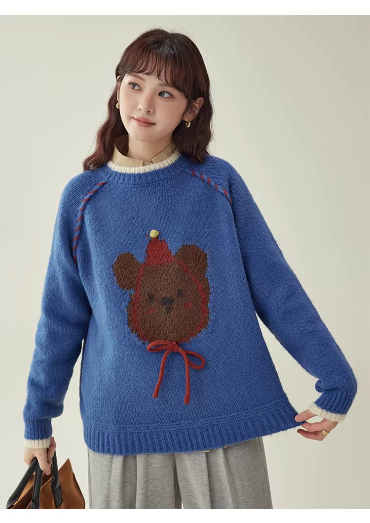 克萊因藍圓領羊毛長袖小熊毛衣女冬新款寬鬆減齡上衣,克萊因藍圓領羊毛長袖小熊毛衣女冬新款寬鬆減齡上衣,HBEW1148,克萊因藍圓領羊毛長袖小熊毛衣女冬新款寬鬆減齡上衣,童趣針織,羊毛混紡