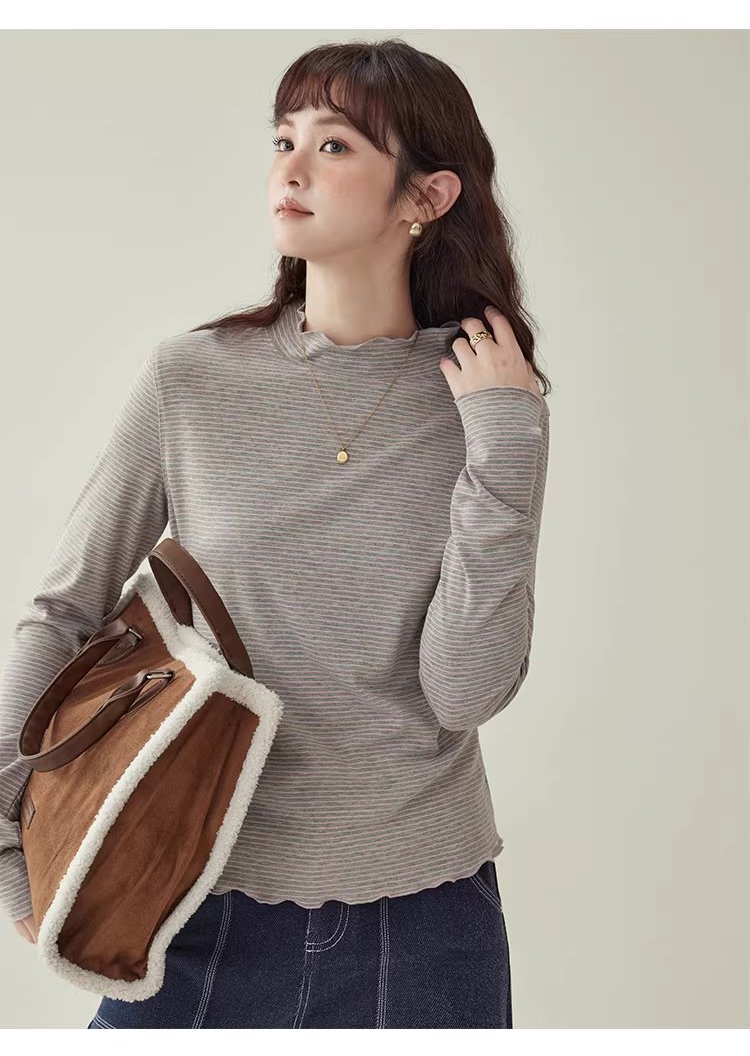 花邊半高領內搭T恤女冬季新款百搭條紋長袖上衣,花邊半高領內搭T恤女冬季新款百搭條紋長袖上衣,HBEW1153,花邊半高領內搭T恤女冬季新款百搭條紋長袖上衣,木耳邊,條紋造型