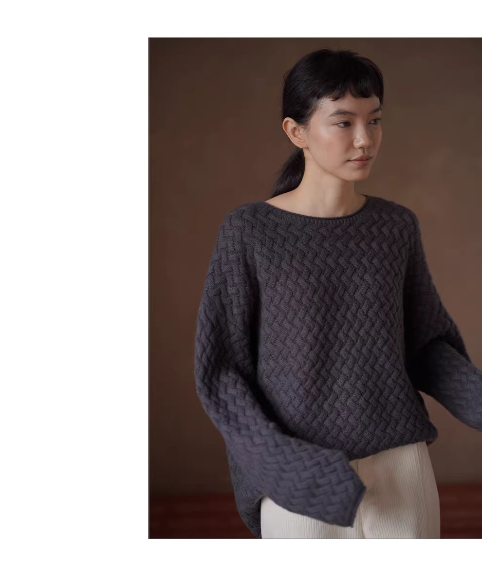 慵懶鬆弛立體編織提花肌理柔軟100羊毛寬鬆顯瘦圓領毛衣,慵懶鬆弛立體編織提花肌理柔軟100羊毛寬鬆顯瘦圓領毛衣,HBEW1165,慵懶鬆弛立體編織提花肌理柔軟100羊毛寬鬆顯瘦圓領毛衣,立體編織,羊毛100%