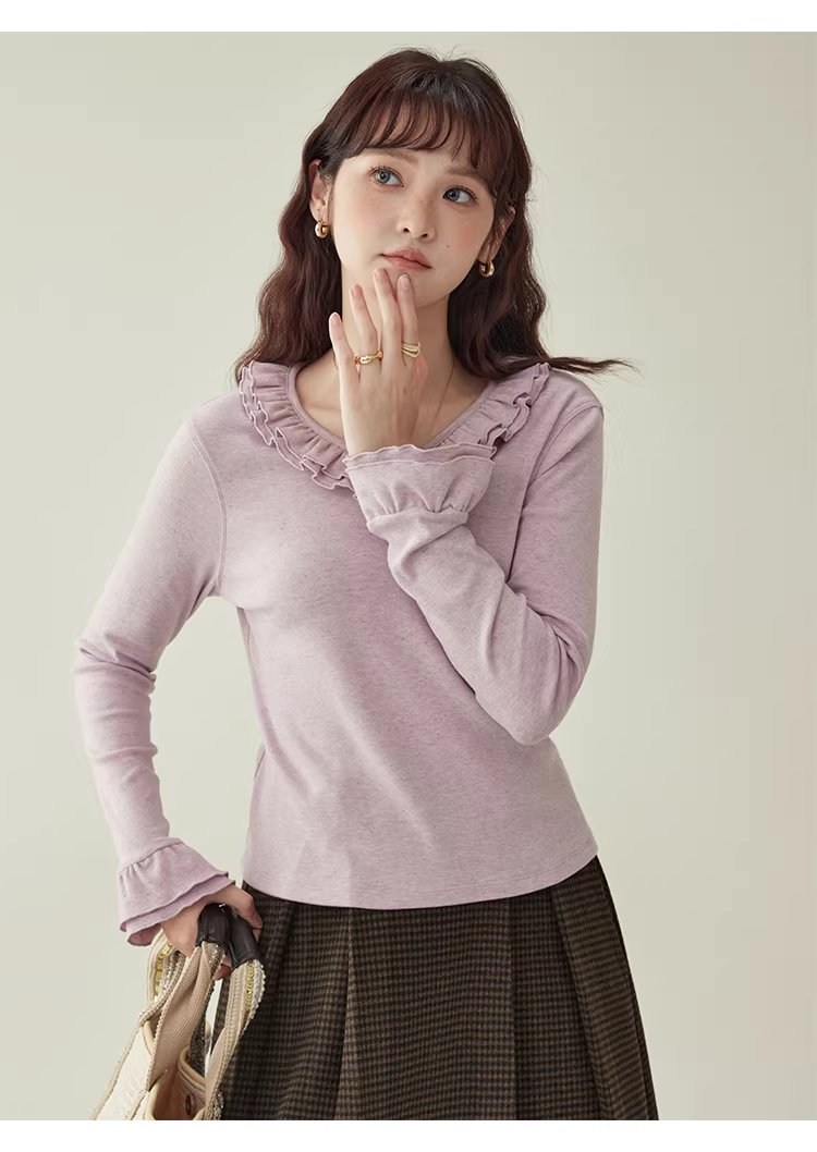 彩點荷葉邊v領厚T恤女冬季新款甜美打底長袖上衣,彩點荷葉邊v領厚T恤女冬季新款甜美打底長袖上衣,HBEW1186,彩點荷葉邊v領厚T恤女冬季新款甜美打底長袖上衣,荷葉邊領,彩點面料