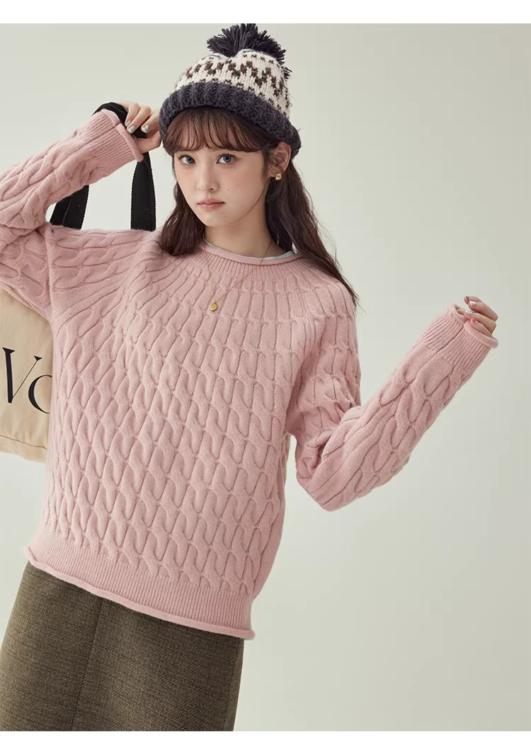 粉紅扭花捲邊長袖毛衣女25冬季新款甜美圓領上衣,粉紅扭花捲邊長袖毛衣女25冬季新款甜美圓領上衣,HBEW1188,粉紅扭花捲邊長袖毛衣女25冬季新款甜美圓領上衣,捲邊衣襬,扭花針織