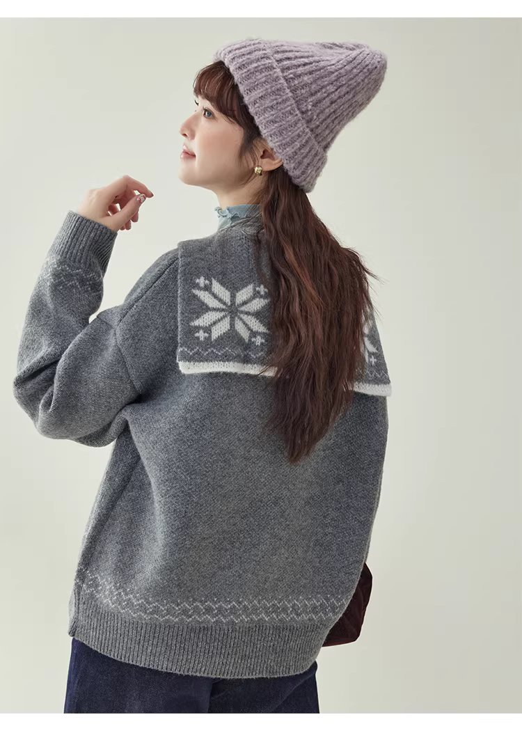 灰色提花海軍領毛衣女冬新款費爾島寬鬆長袖上衣,灰色提花海軍領毛衣女冬新款費爾島寬鬆長袖上衣,HBEW1191,灰色提花海軍領毛衣女冬新款費爾島寬鬆長袖上衣,海軍領,費爾島圖騰