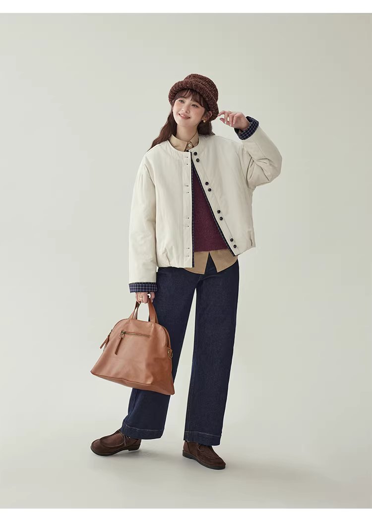 撞色單排扣落肩長袖保暖棉服外套女冬季寬鬆圓領上衣,撞色單排扣落肩長袖保暖棉服外套女冬季寬鬆圓領上衣,HBEW5129,撞色單排扣落肩長袖保暖棉服外套女冬季寬鬆圓領上衣,圓領排扣,格紋拼接