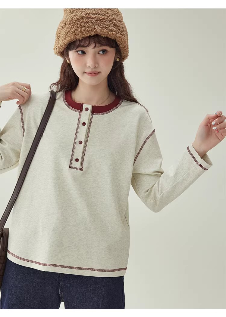 撞色反線落肩袖T恤女冬季新款半開扣圓領上衣,撞色反線落肩袖T恤女冬季新款半開扣圓領上衣,HBEW1192,撞色反線落肩袖T恤女冬季新款半開扣圓領上衣,半開排扣,舒適面料