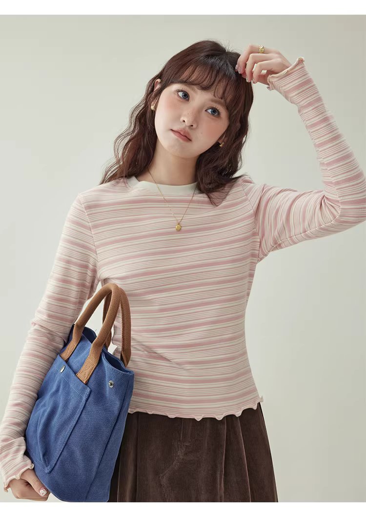 粉紅條紋花邊喇叭袖T恤女冬季新款修身內搭上衣,粉紅條紋花邊喇叭袖T恤女冬季新款修身內搭上衣,HBEW1195,粉紅條紋花邊喇叭袖T恤女冬季新款修身內搭上衣,橫紋設計,修身版型