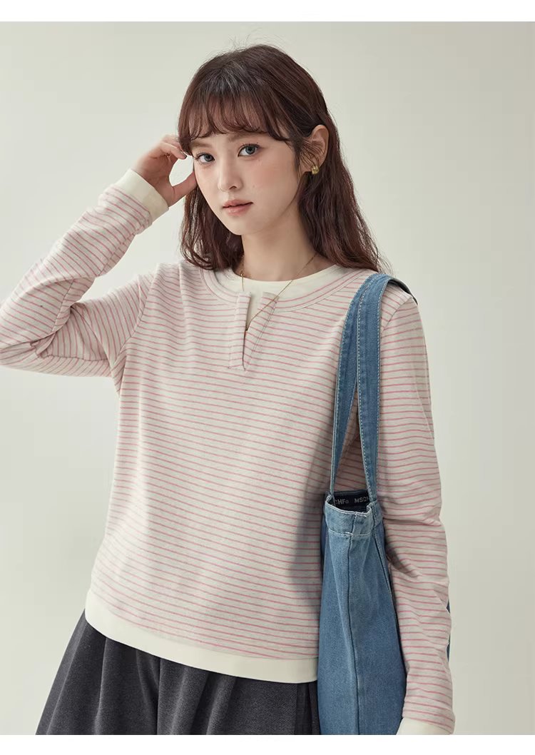 假兩件粉條紋長袖T恤女冬季新款少女感寬鬆上衣,假兩件粉條紋長袖T恤女冬季新款少女感寬鬆上衣,HBEW1197,假兩件粉條紋長袖T恤女冬季新款少女感寬鬆上衣,假兩件式,舒適面料