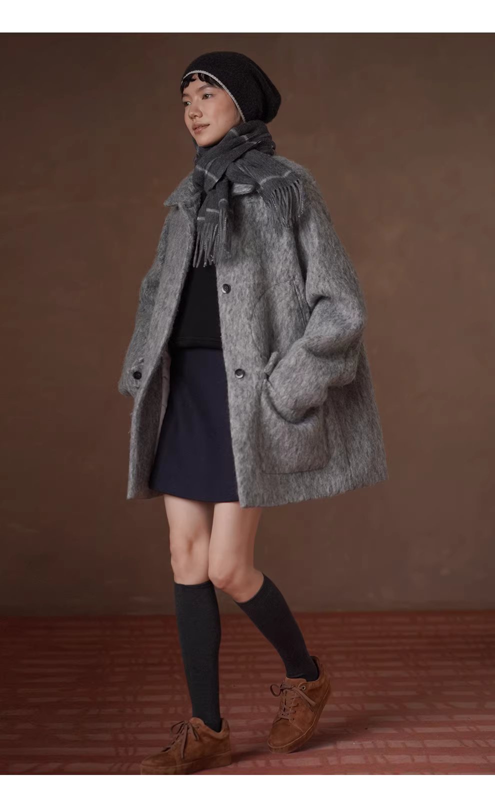 霧嵐星海羊毛混紡雜花灰翻領大衣中長款寬鬆絎棉外套女,霧嵐星海羊毛混紡雜花灰翻領大衣中長款寬鬆絎棉外套女,HBEW5131,霧嵐星海羊毛混紡雜花灰翻領大衣中長款寬鬆絎棉外套女,翻領排扣,羊毛混紡