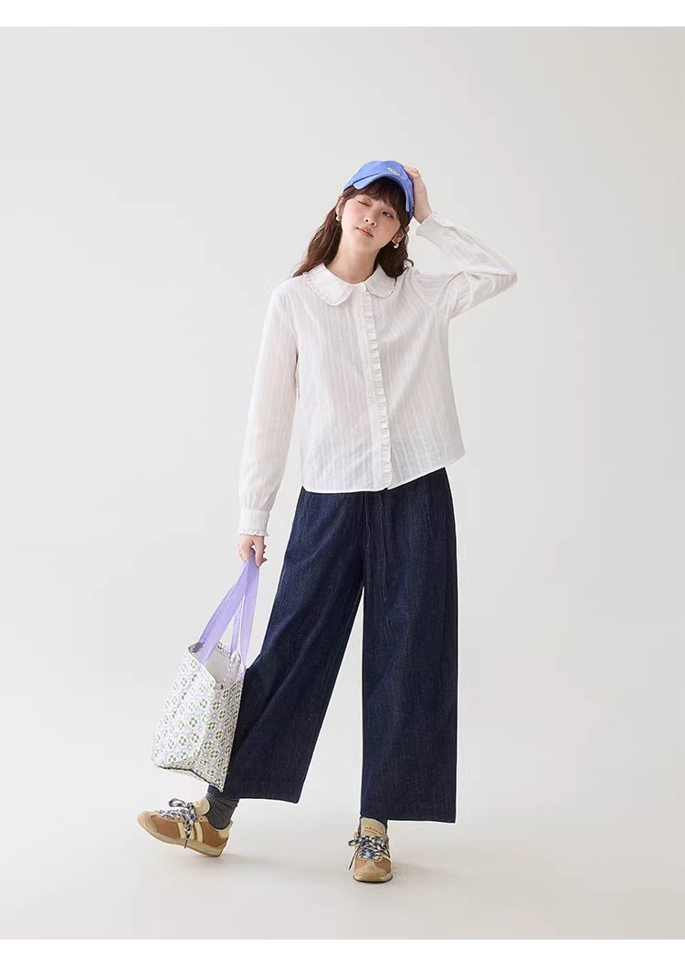 肌理感木耳邊娃娃領襯衫女春季新款純棉長袖上衣,肌理感木耳邊娃娃領襯衫女春季新款純棉長袖上衣,HBFS1003,肌理感木耳邊娃娃領襯衫女春季新款純棉長袖上衣,娃娃領,全棉面料