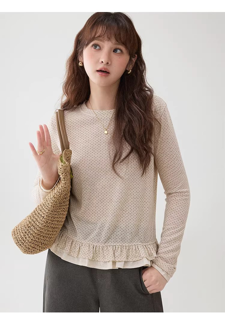 波點荷葉邊圓領T恤女春季新款薄款長袖內搭上衣,波點荷葉邊圓領T恤女春季新款薄款長袖內搭上衣,HBFS1010,波點荷葉邊圓領T恤女春季新款薄款長袖內搭上衣,荷葉邊領,復古波點