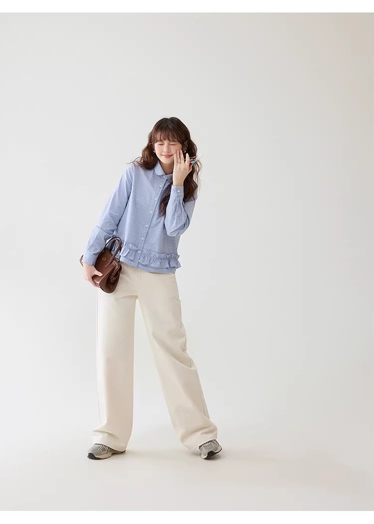 藍格荷葉邊娃娃領襯衫女春季新款純棉長袖短上衣,藍格荷葉邊娃娃領襯衫女春季新款純棉長袖短上衣,HBFS1049,藍格荷葉邊娃娃領襯衫女春季新款純棉長袖短上衣,荷葉衣襬,全棉面料