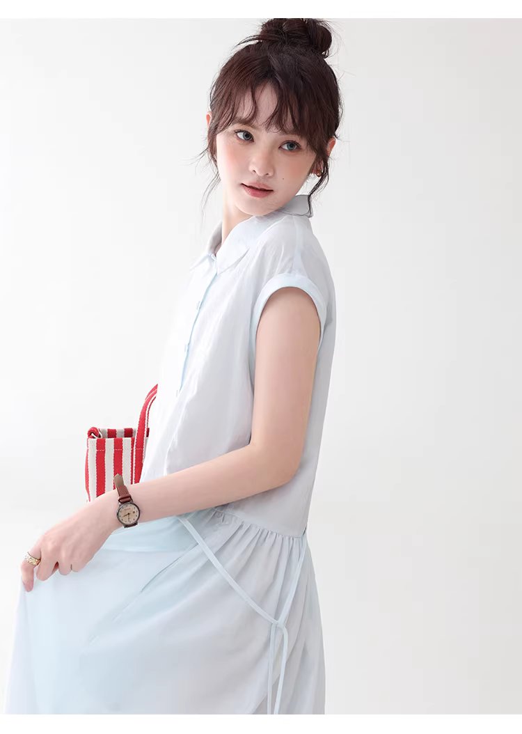 純色繫帶收腰大擺洋裝女26夏季新款polo領長裙,純色繫帶收腰大擺洋裝女26夏季新款polo領長裙,HBFS7017,純色繫帶收腰大擺洋裝女26夏季新款polo領長裙,襯衫洋裝,天絲混棉