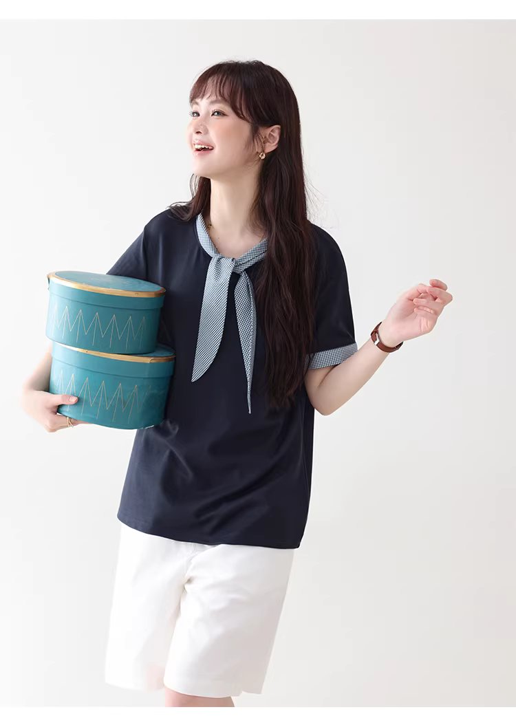 拼接格紋綁帶領短袖T恤女夏季新款時尚減齡上衣,拼接格紋綁帶領短袖T恤女夏季新款時尚減齡上衣,HBFS1053,拼接格紋綁帶領短袖T恤女夏季新款時尚減齡上衣,領結造型,舒適面料