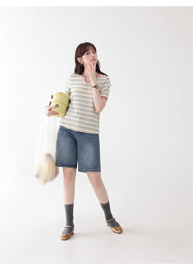 撞色圓V領彩色條紋T恤女26夏季新款減齡短袖上衣,撞色圓V領彩色條紋T恤女26夏季新款減齡短袖上衣,HBFS1082,撞色圓V領彩色條紋T恤女26夏季新款減齡短袖上衣,撞色橫紋,舒適面料