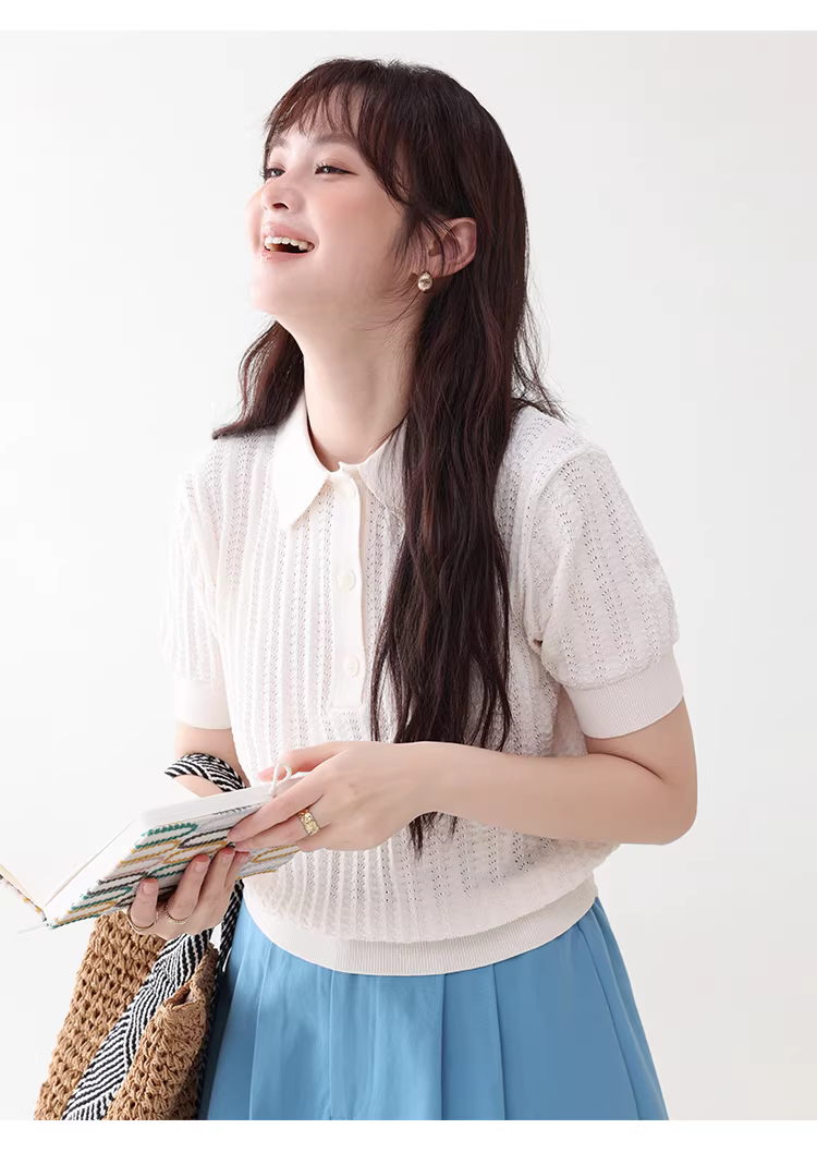 溫柔純色polo領鏤空針織衫女26夏季新款透氣短袖上衣,溫柔純色polo領鏤空針織衫女26夏季新款透氣短袖上衣,HBFS1090,溫柔純色polo領鏤空針織衫女26夏季新款透氣短袖上衣,半開翻領,簍空提花