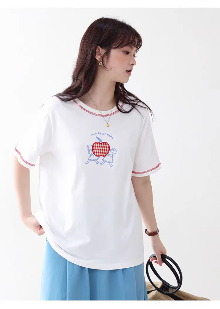 卡通刺繡反線純棉短袖T恤女夏新款少女感寬鬆上衣,卡通刺繡反線純棉短袖T恤女夏新款少女感寬鬆上衣,HBFS1091,卡通刺繡反線純棉短袖T恤女夏新款少女感寬鬆上衣,童趣刺繡,全棉面料