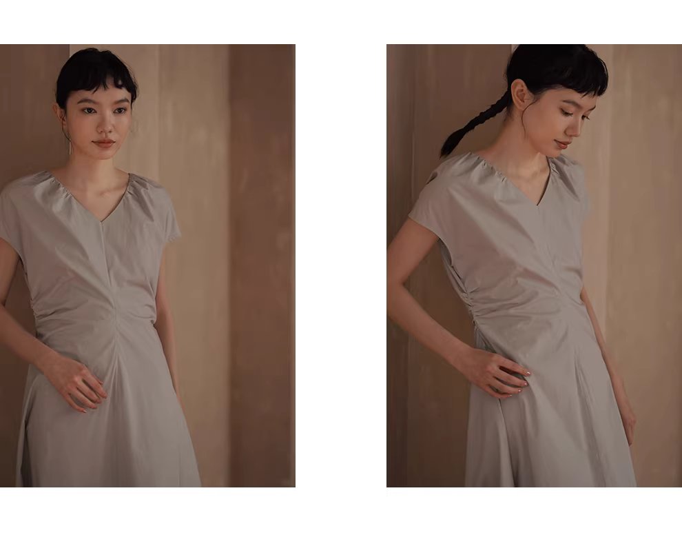 煙雨朦朧氣質洋裝V領捏褶收腰顯瘦立體分割洋裝女,煙雨朦朧氣質洋裝V領捏褶收腰顯瘦立體分割洋裝女,HBFS7038,煙雨朦朧氣質洋裝V領捏褶收腰顯瘦立體分割洋裝女,純棉親膚,高級慵懶