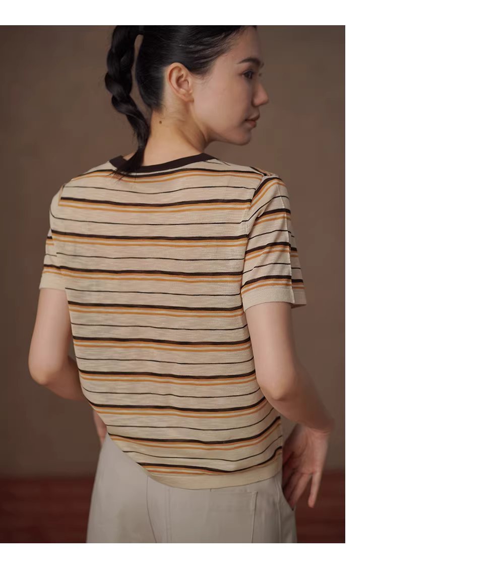 沙灘條紋超爽竹節麻紗線撞色圓領短袖寬鬆顯瘦針織上衣,沙灘條紋超爽竹節麻紗線撞色圓領短袖寬鬆顯瘦針織上衣,HBFS1095,沙灘條紋超爽竹節麻紗線撞色圓領短袖寬鬆顯瘦針織上衣,舒適清爽,撞色領口