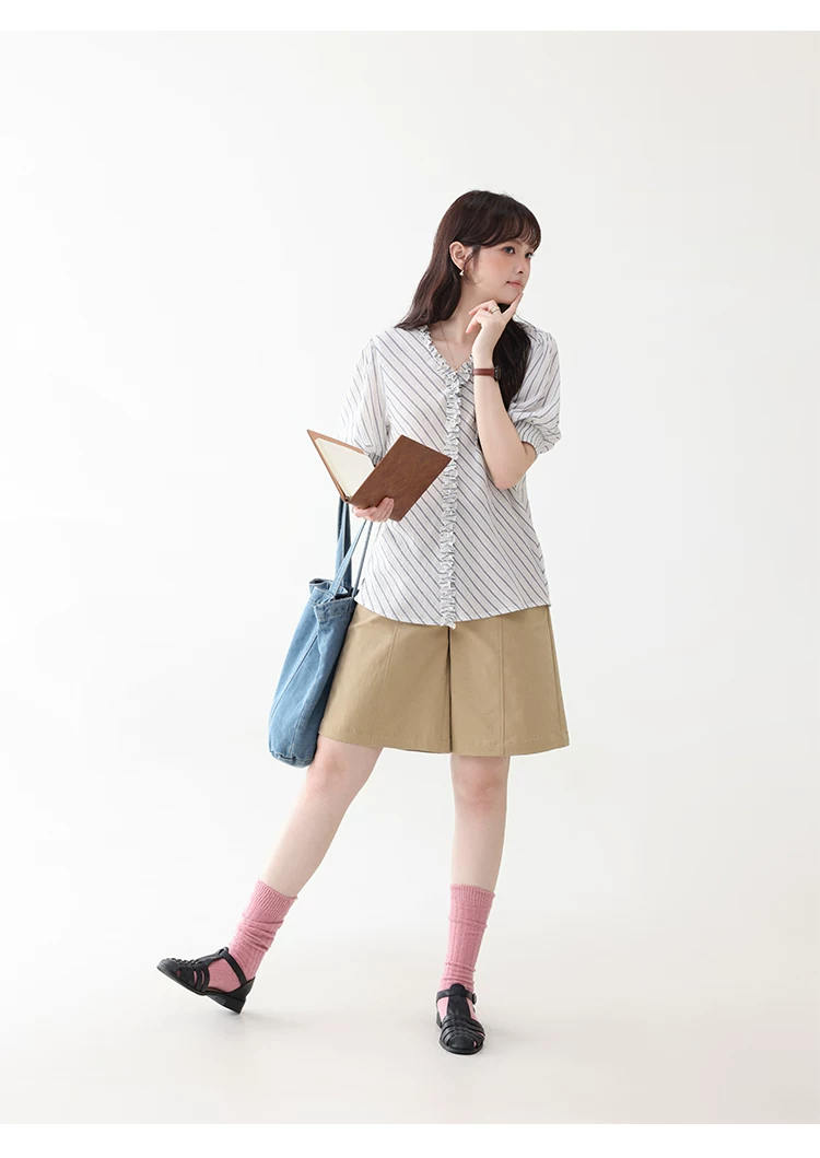 藍條紋v領木耳邊襯衫女夏季新款純棉五分袖上衣,藍條紋v領木耳邊襯衫女夏季新款純棉五分袖上衣,HBFS1098,藍條紋v領木耳邊襯衫女夏季新款純棉五分袖上衣,荷葉邊領,全棉面料