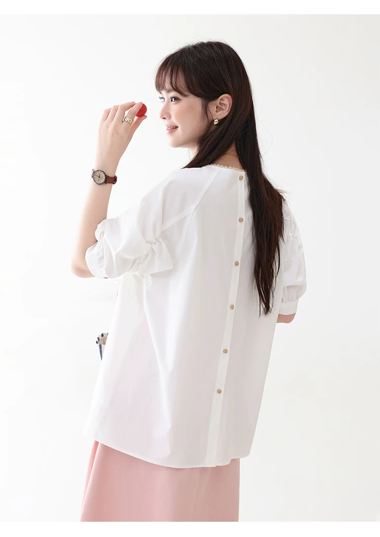 花邊領後排扣純棉襯衫女夏季新款設計感短袖上衣,花邊領後排扣純棉襯衫女夏季新款設計感短袖上衣,HBFS1107,花邊領後排扣純棉襯衫女夏季新款設計感短袖上衣,後背排扣,全棉面料