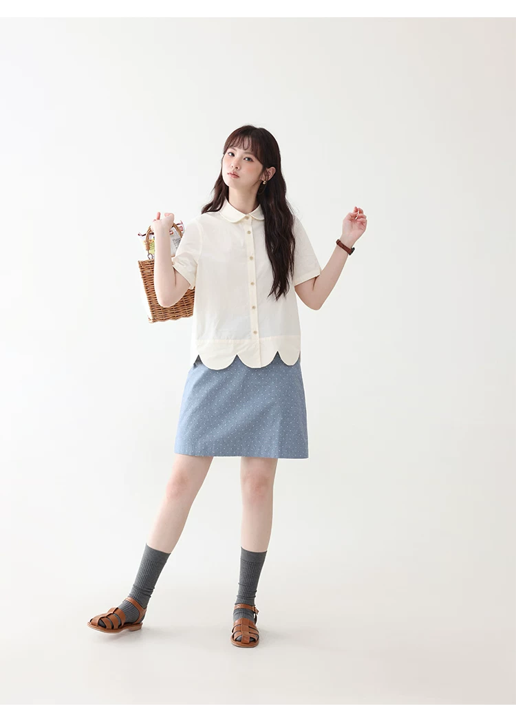 設計感波浪下擺純棉襯衫女夏新款減齡娃娃領上衣,設計感波浪下擺純棉襯衫女夏新款減齡娃娃領上衣,HBFS1112,設計感波浪下擺純棉襯衫女夏新款減齡娃娃領上衣,花邊衣襬,全棉面料