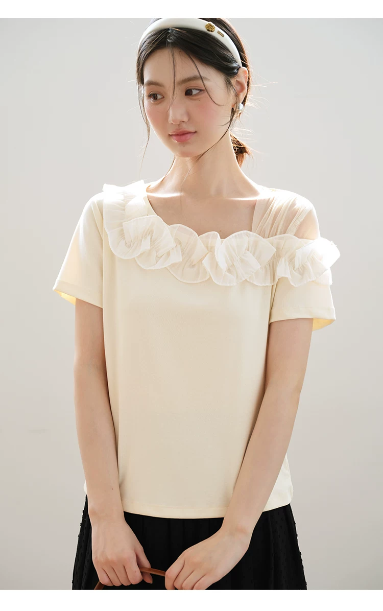 大尺碼荷葉邊斜領短袖T恤女2026新款夏網紗拼接漂亮露肩上衣,大尺碼荷葉邊斜領短袖T恤女2026新款夏網紗拼接漂亮露肩上衣,HBFS1170,大尺碼荷葉邊斜領短袖T恤女2026新款夏網紗拼接漂亮露肩上衣,荷葉斜領,質感單品