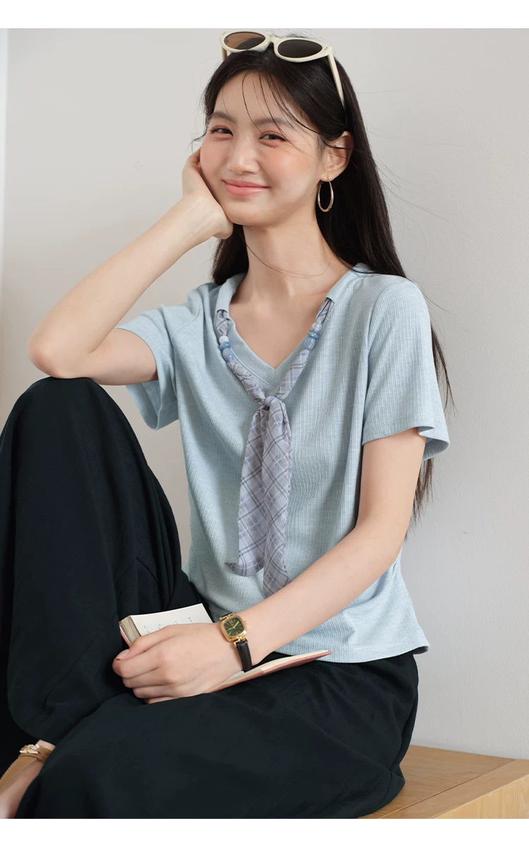 大尺碼法式飄帶V領短袖T恤女2026新款顯瘦夏裝正肩藍色上衣女,大尺碼法式飄帶V領短袖T恤女2026新款顯瘦夏裝正肩藍色上衣女,HBFS1313,大尺碼法式飄帶V領短袖T恤女2026新款顯瘦夏裝正肩藍色上衣女,中大尺碼,飄帶領結