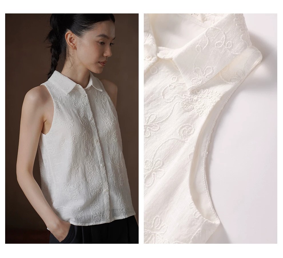 立體精緻藤蔓刺繡上衣高支100棉掛脖翻領無袖顯瘦襯衫女,立體精緻藤蔓刺繡上衣高支100棉掛脖翻領無袖顯瘦襯衫女,HBFS1373,立體精緻藤蔓刺繡上衣高支100棉掛脖翻領無袖顯瘦襯衫女,精緻氣質,立體刺繡