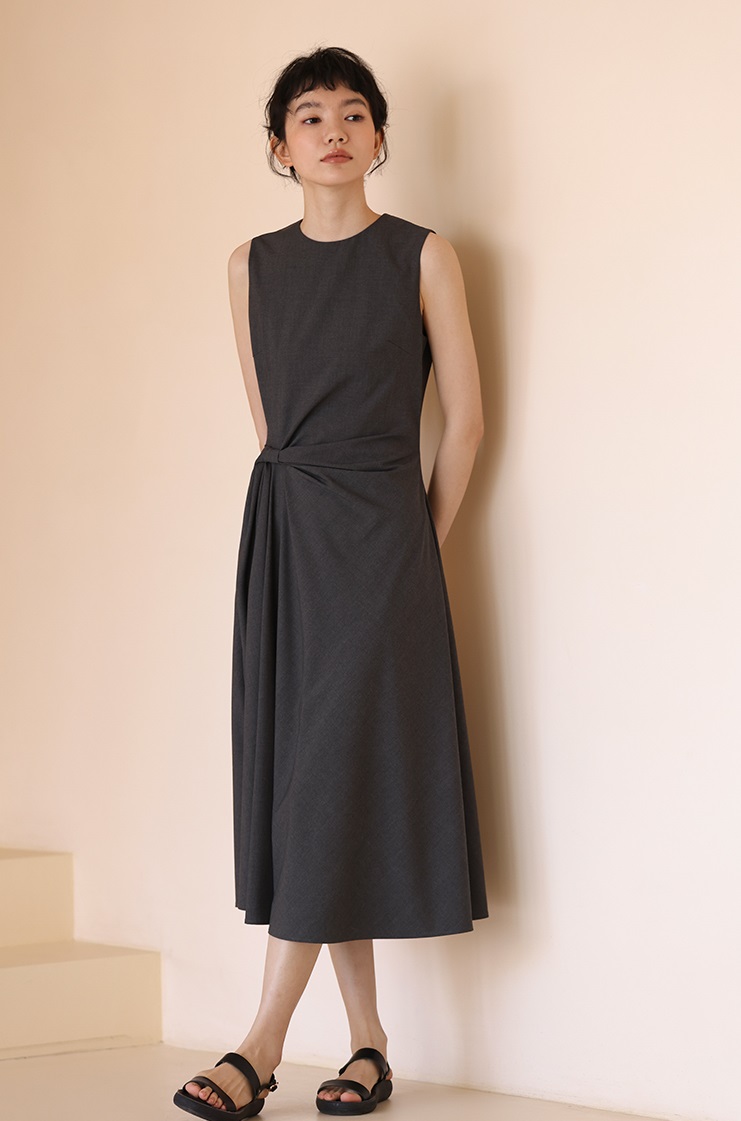 氣質女主高腰線扭結通勤瘦身遮肉連身裙洋裝,長洋裝,洋裝,無袖,輕甜,高雅