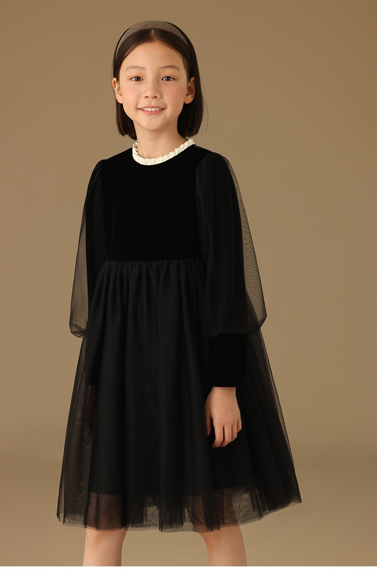 秋季洋氣黑色禮服絲絨裙公主網紗裙長袖連身裙洋裝
