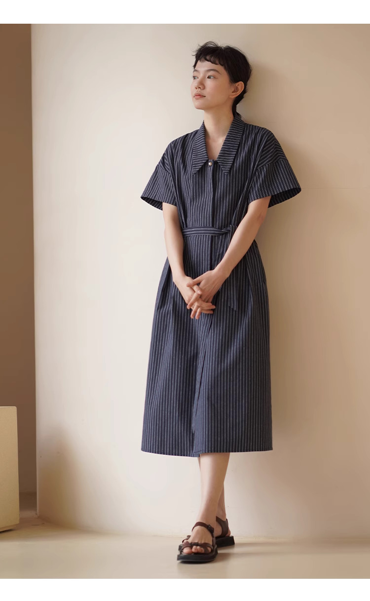 復古港風條紋寬鬆H版顯瘦氣質通勤腰帶短袖襯衫洋裝女
