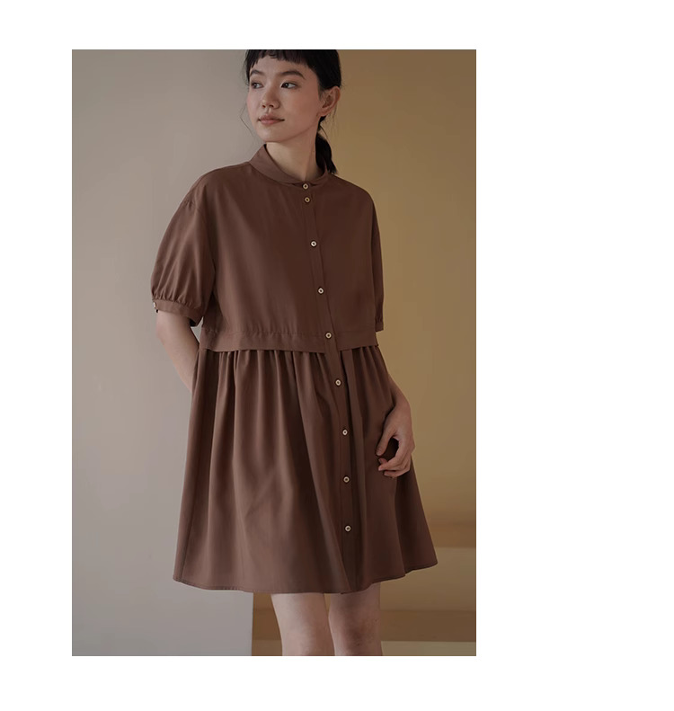 復古烤肉桂洋裝精緻小翻領寬鬆垂順顯瘦A字短裙女