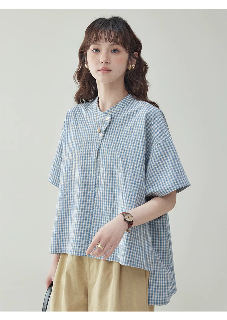 藍格紋不規則蝙蝠袖襯衫女夏季新款寬鬆套頭上衣