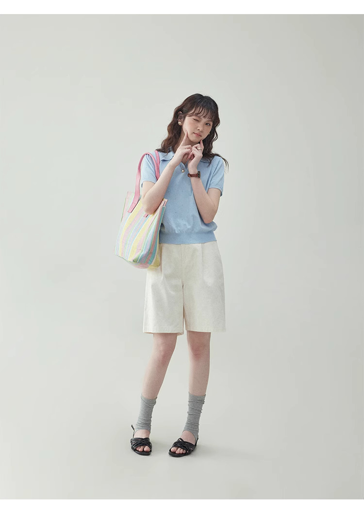藍色翻v領短針織衫t卹女夏季新款提花短袖上衣